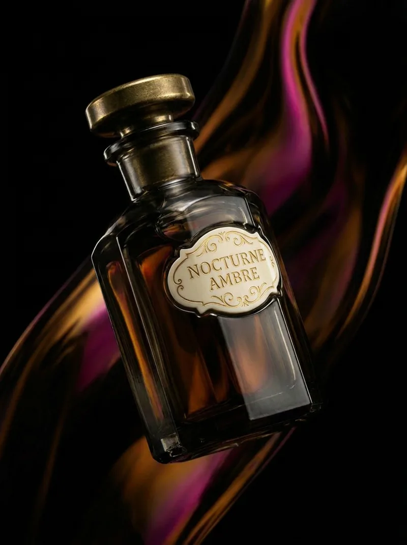 Nocturne Ambre — a smoked-glass apothecary bottle of faintly amber liquid, brass stopper, ivory label engraved NOCTURNE AMBRE, lit by ribbons of amber and magenta iridescence