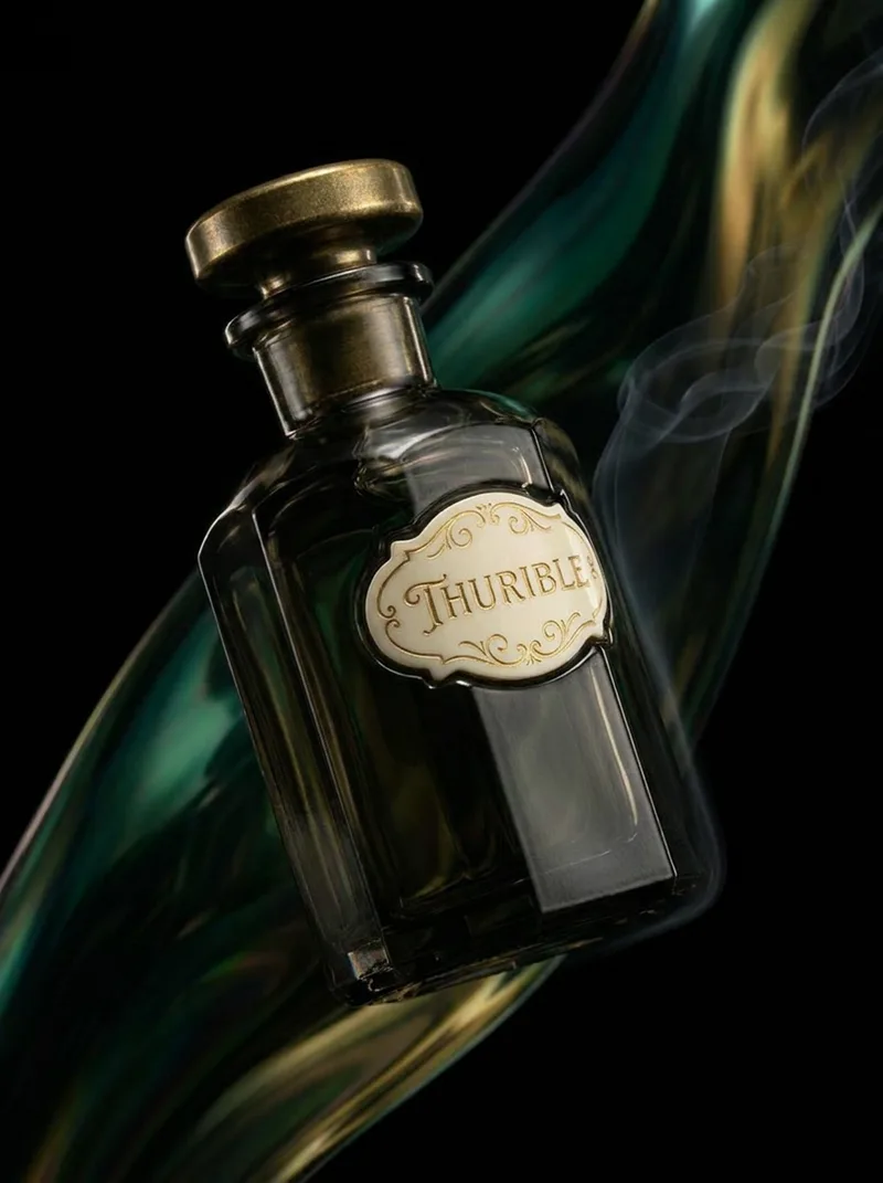 Thurible — a smoked-glass apothecary bottle with an aged brass stopper, its ivory label engraved THURIBLE, wrapped in petrol-green and gold iridescence with a wisp of incense smoke