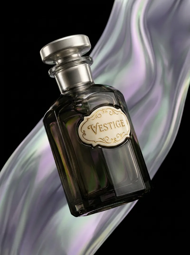 Vestige — a smoked-glass apothecary bottle with a polished silver stopper, its ivory label engraved VESTIGE, floating in a black void before a pale lilac ribbon of iridescent light